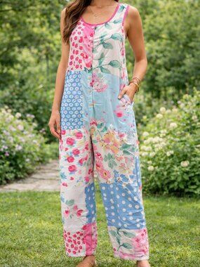 Woman's blue, pink & white floral overalls
